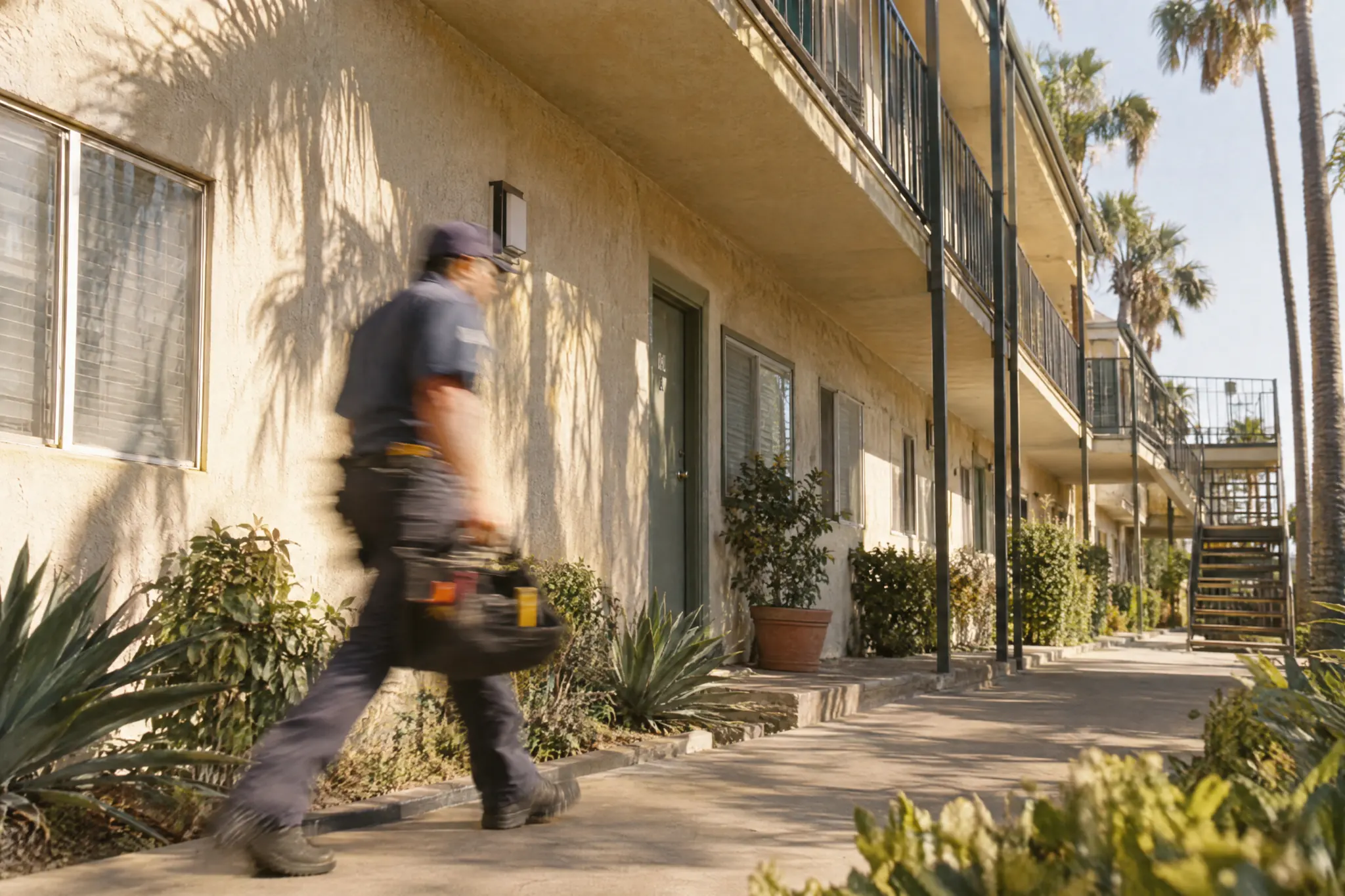 A maintenance worker walking along an apartment walkway